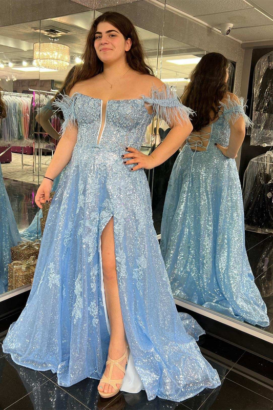 Robe de bal trapèze à paillettes bleues et épaules dénudées avec fente nv794