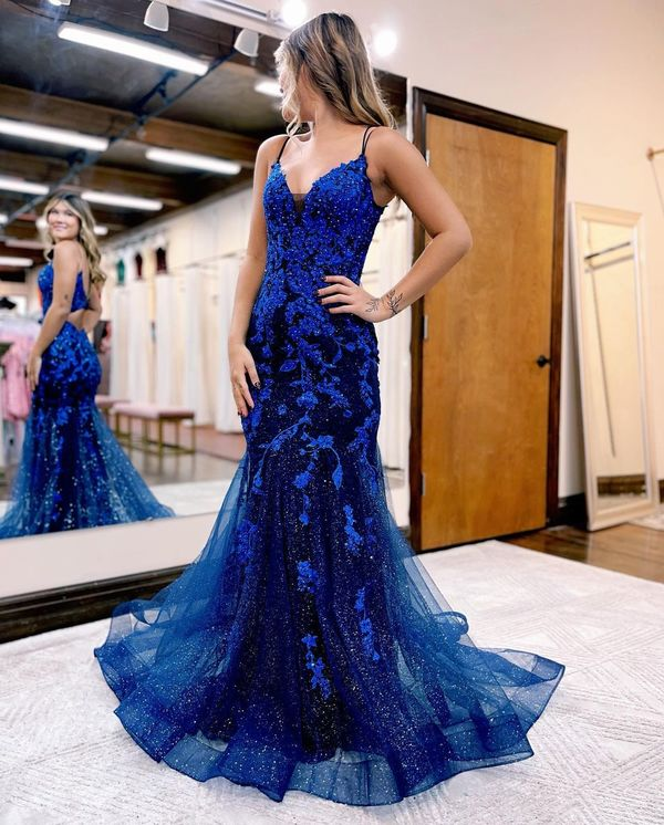 Cute Mermaid V Neck Sparkly Prom Dress with Appliques nv788