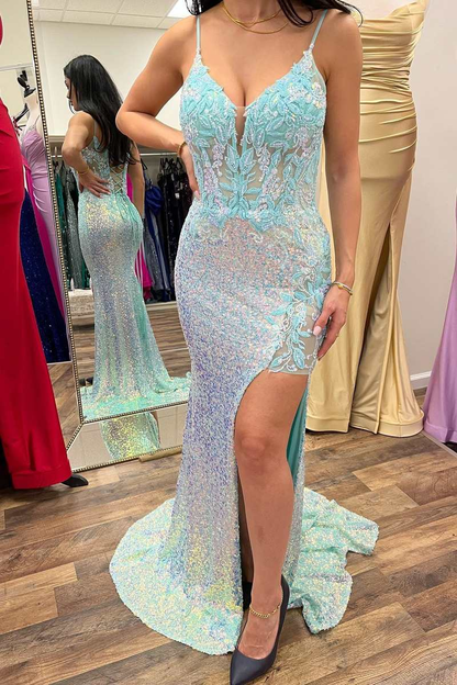Light Blue Iridescent Sequin Floral Lace Mermaid Long Prom Dress with Slit nv803