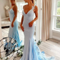 Open Back V Neck Mermaid Blue Floral Long Prom Dresses, Mermaid Blue Formal Evening Dresses with Flowers  nv751
