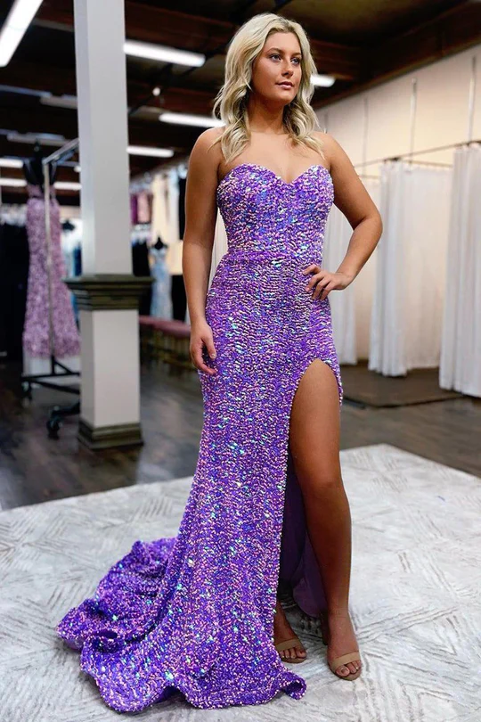 Sparkly Mermaid Lavender Velvet Sequins Prom Dresses nv787