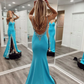 Cute Mermaid V Neck Blue Satin Long Prom Dresses with Slit nv755