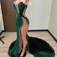Black Girl Prom Dresses Long Mermaid Green Prom Gown With Train nv767