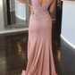 Straps V Neck Sheath Maxi Prom Dress with Slit Fuchsia Silver Formal Evening Gown nv806
