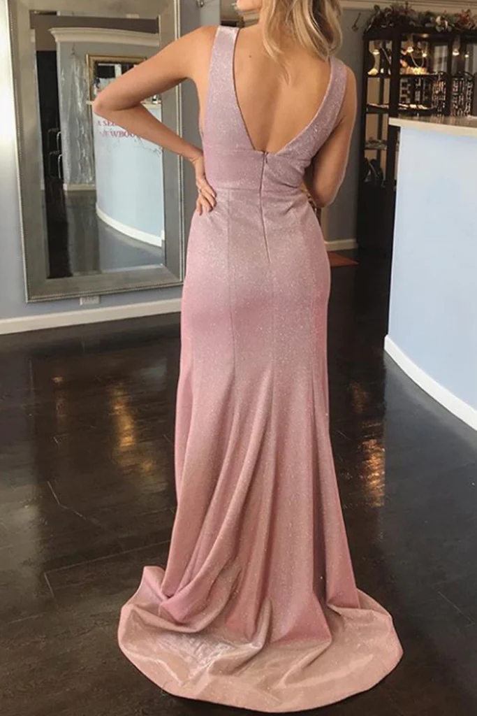 Straps V Neck Sheath Maxi Prom Dress with Slit Fuchsia Silver Formal Evening Gown nv806