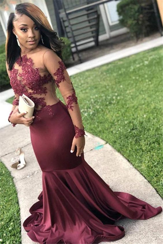 Long Sleeves Round Collar Mermaid Prom Dress Burgundy Applique Long nv922