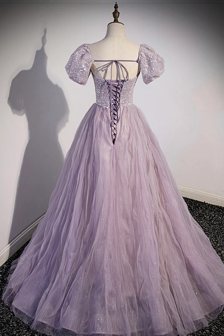 Purple Tulle Sequins Floor Length Prom Dress, A-Line Evening Party Dress nv889