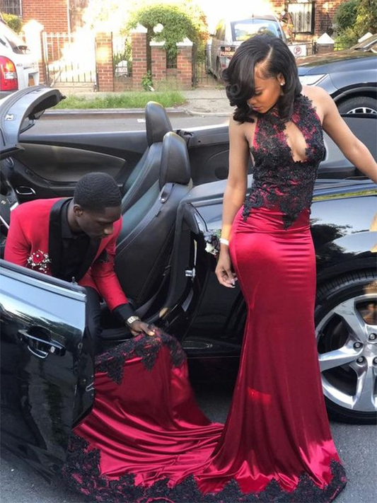 Sheath Jewel Sleeveless Burgundy Brush Train Applique Silk like Satin Prom Dresses nv923