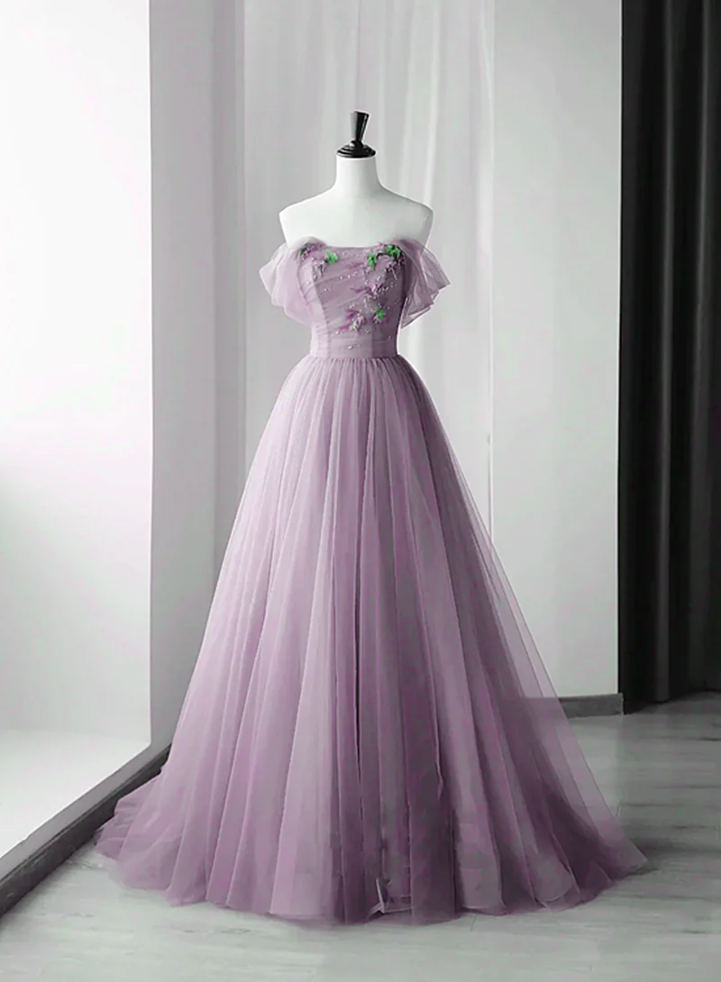 Cute Purple Tulle Sweetheart Off Shoulder Long Party Dress, A-Line Tulle Prom Dresses nv890