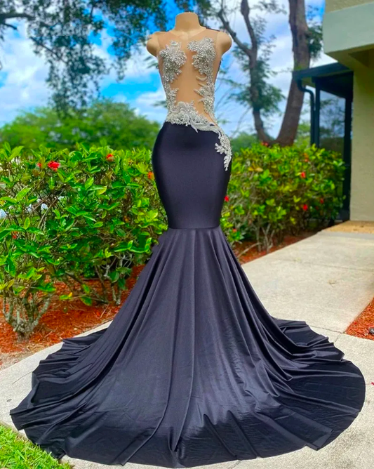 Black O Neck Long Prom Dress 2024 For Arabic Women Beaded Birthday Party Gown Appliques Evening Gowns Mermaid  nv898