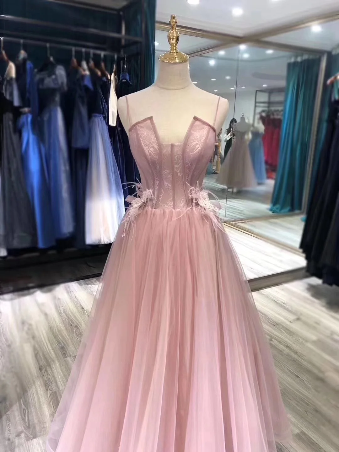 Charming Tulle Straps Long Formal Gown, Pink Elegant Party Dress nv894