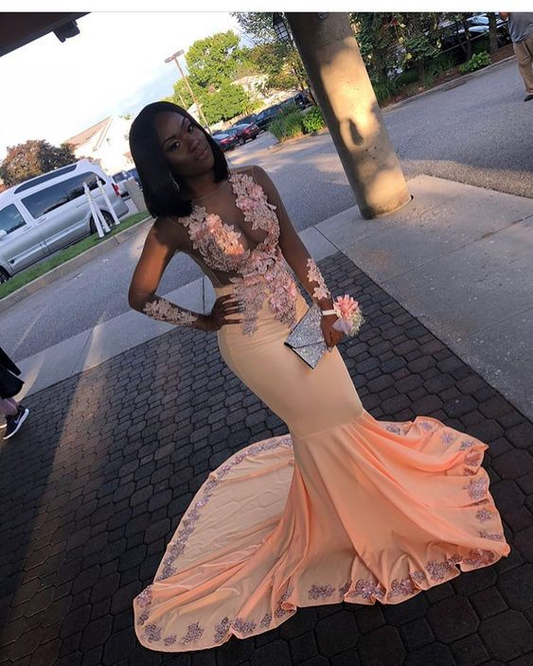 Amazing Mermaid Pale Pink Long Sleeves Sweetheart Transparent Appliques Prom Dresses nv934