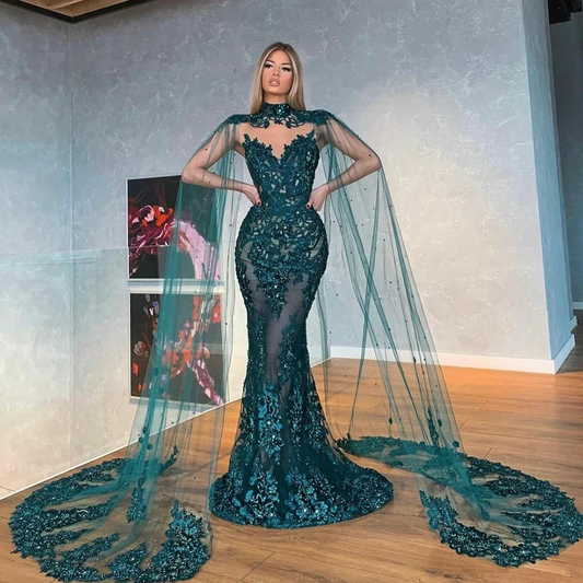 New Two Pieces Mermaid Evening Dresses with Cape Dark Green Lace Prom Gown Long Formal Party Dress  nv938