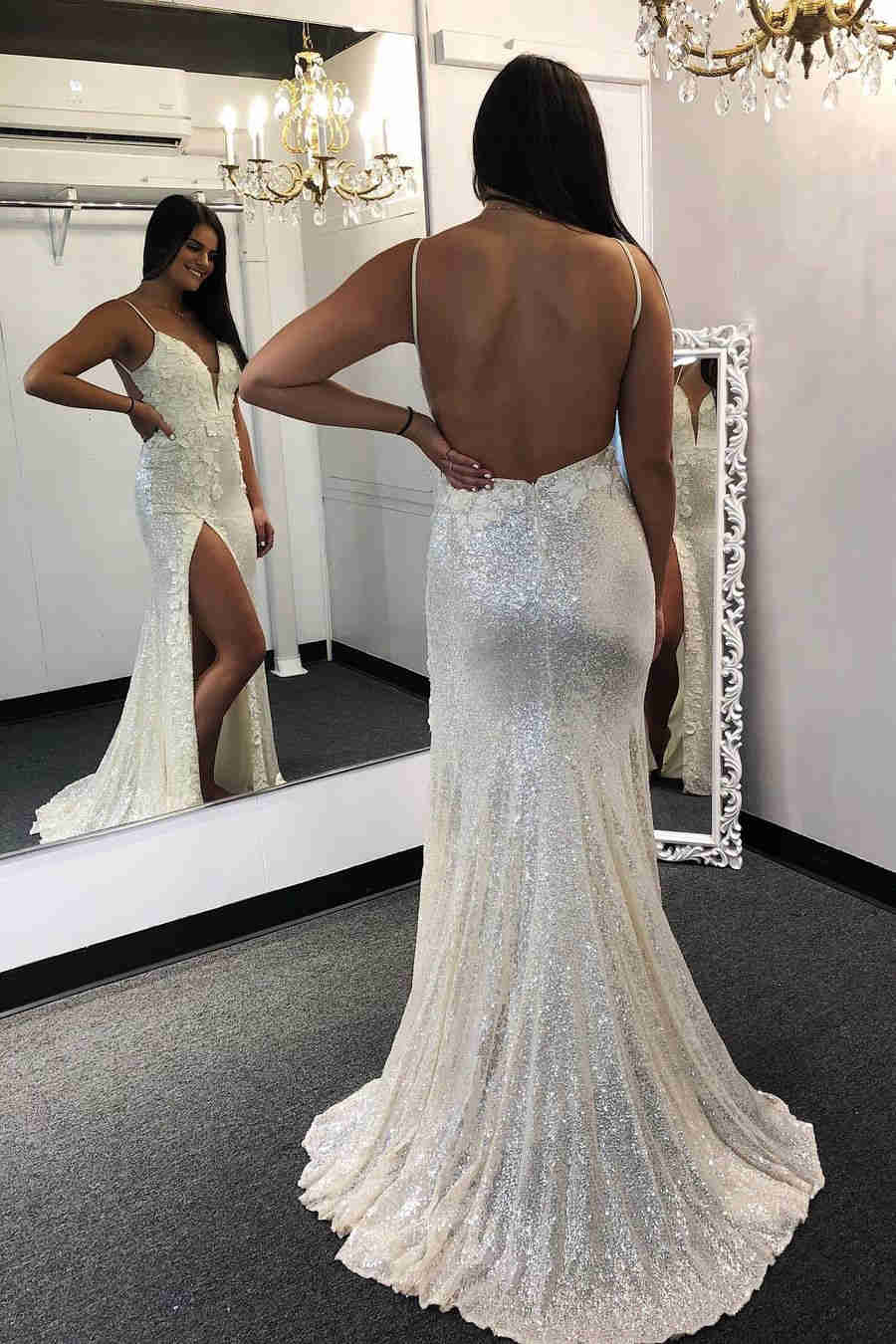 Glitter Backless Appliqued White Prom Dress with Slit nv985