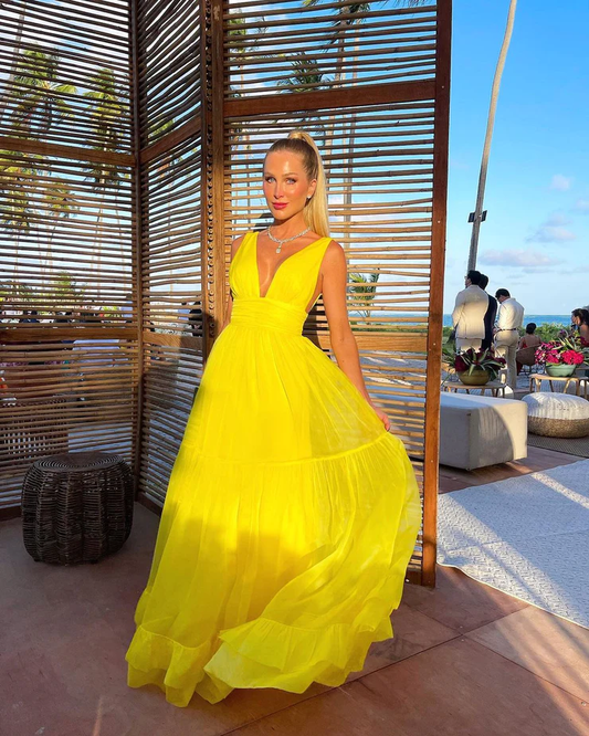Charming A Line V Neck Yellow Chiffon Evening Dresses nv975