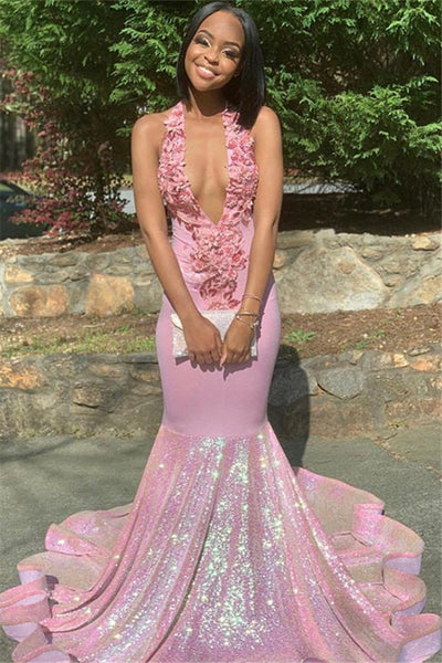 ALLURING HALTER APPLIQUE GLITTERING SEQUINS PROM DRESSES RUFFLES OPEN BACK CHIC MERMAID SLEEVELESS EVENING DRESSES  nv899