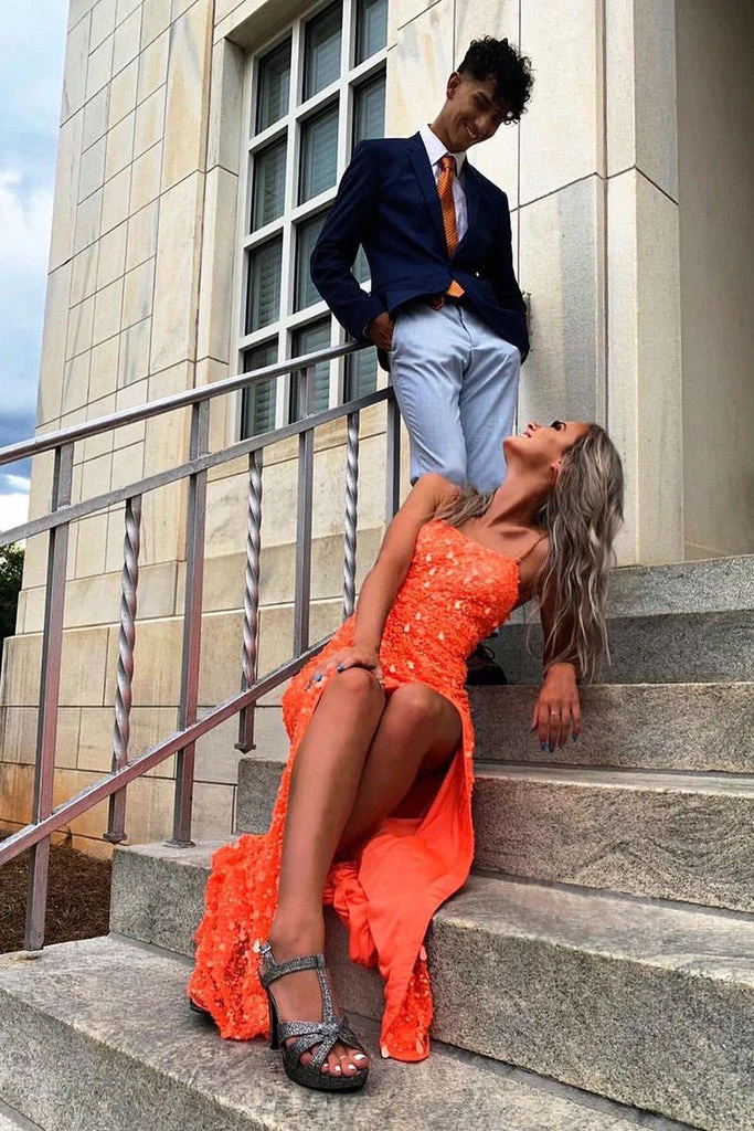 Mermaid Orange Sequin High Slit Spaghetti Straps Prom Dresses nv942