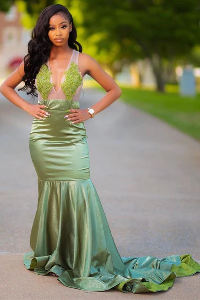 CHARMING GREEN APPLIQUES MERMAID PROM EVENING MAXI DRESS FLOOR-LENGTH SWEEP TRAIN DRESS nv931