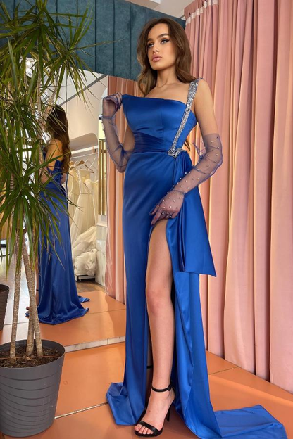 Elegant Royal Blue One Shoulder Long Prom Dresses With Glitter nv925
