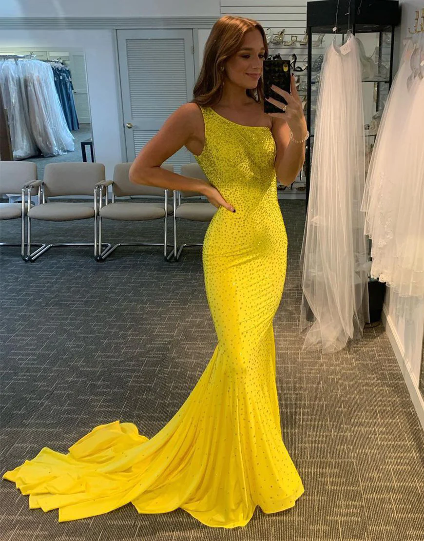 Mermaid One-Shoulder Sweep Train Yellow Prom Dress nv980