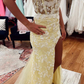 Yellow Floral Lace Backless Mermaid Long Prom Gown with Slit nv981
