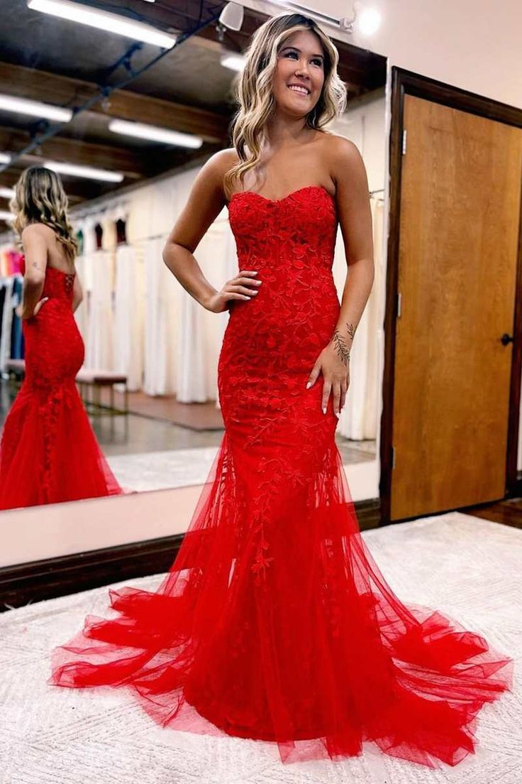 Sweetheart Red Floral Lace mermaid Long Prom Gown nv948