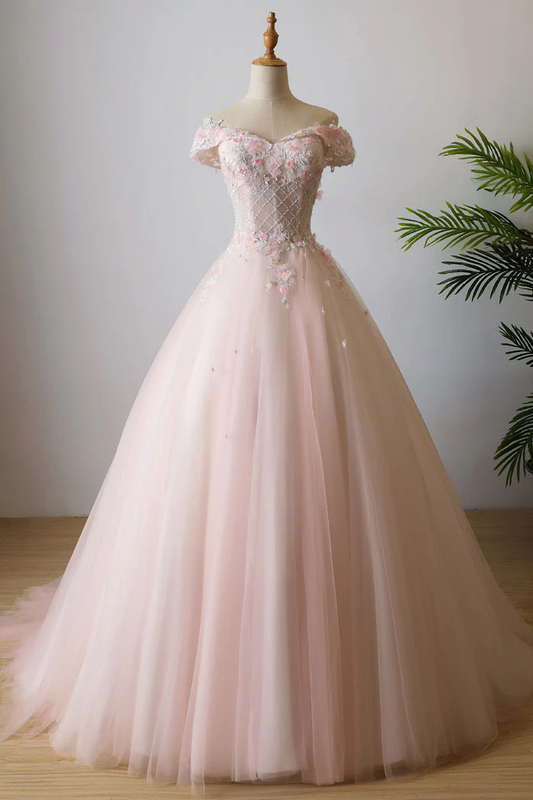 Pink off shoulder tulle lace long prom dress, pink evening dress nv884