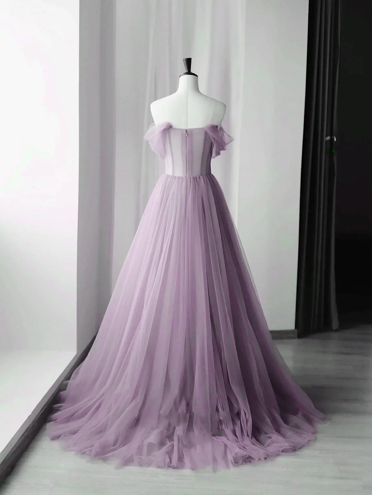 Cute Purple Tulle Sweetheart Off Shoulder Long Party Dress, A-Line Tulle Prom Dresses nv890