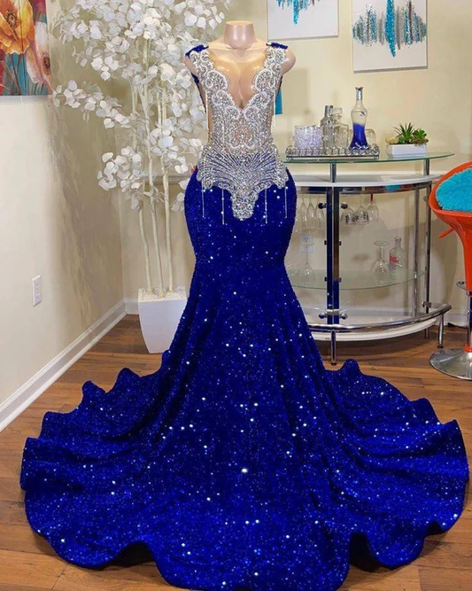 Sequins royal blue Long prom dress beaded wedding dress reception dress renewal dress nv126