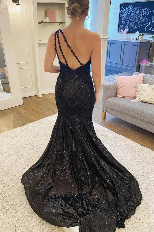 Black Lace Sequins Mermaid Long Prom Dresses With Slit, Evening Gown nv966