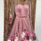 Pink v neck 3D applique short prom dress, pink homecoming dress nv524