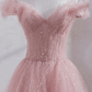 Pink Off Shoulder Tulle Tea Length Prom Dress,Pink Tulle Wedding Party Dresses nv885