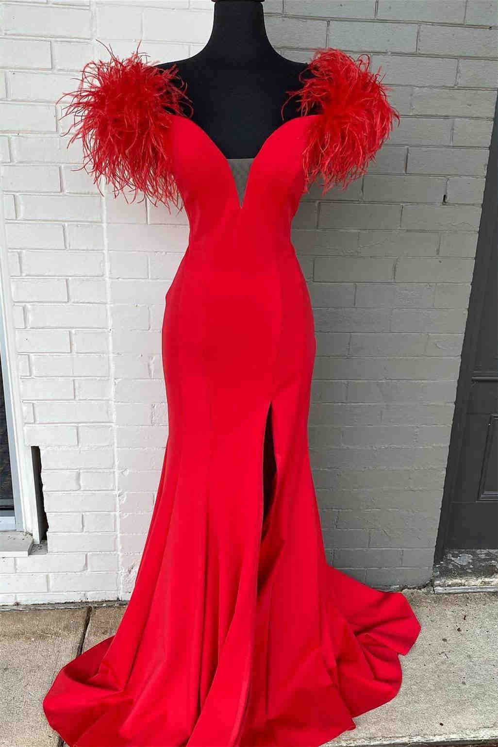 Plunging V-Neck Off the Shoulder Feathered Red Long Party Dress nv971