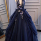 Navy Blue Halter V-neckline Long Sweet 16 Dresses, Tulle Formal Gowns nv385