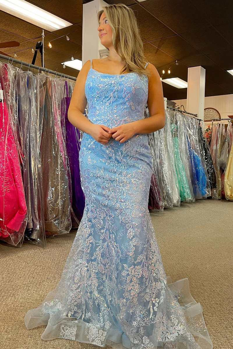 Light Blue Appliques Lace-Up Back Mermaid Long Prom Dress nv1013