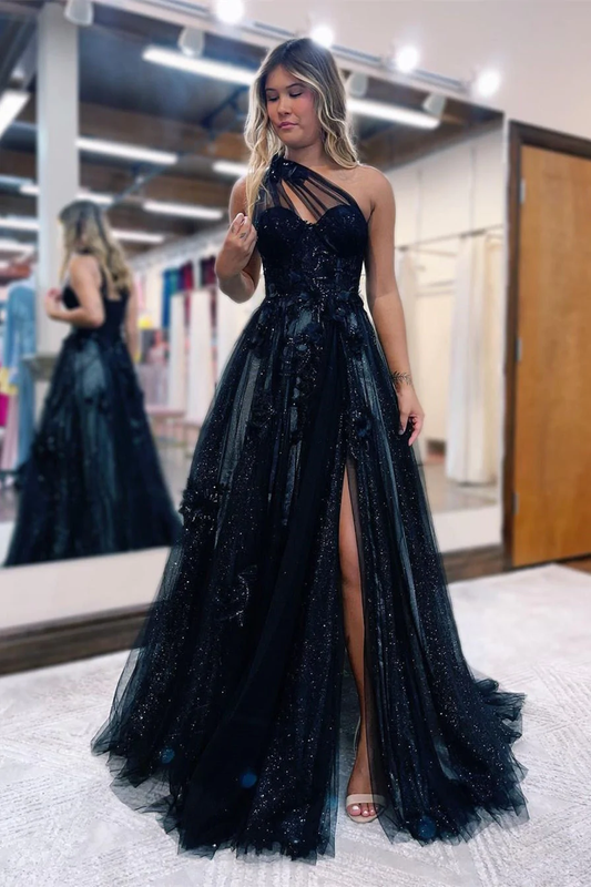 SUPERBE ROBE DE BAL LONGUE NOIRE À UNE ÉPAULE EN DENTELLE AVEC FENDUE EN LIGNE nv403