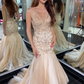 Gorgeous V Neck Mermaid Beaded Champagne Long Prom Dress nv363