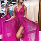 Beading Fuchsia V-neck Pleated Tulle Prom Dress with Side Slit nv947
