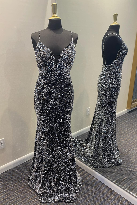 Superbe robe de bal longue sirène à paillettes noires nv293