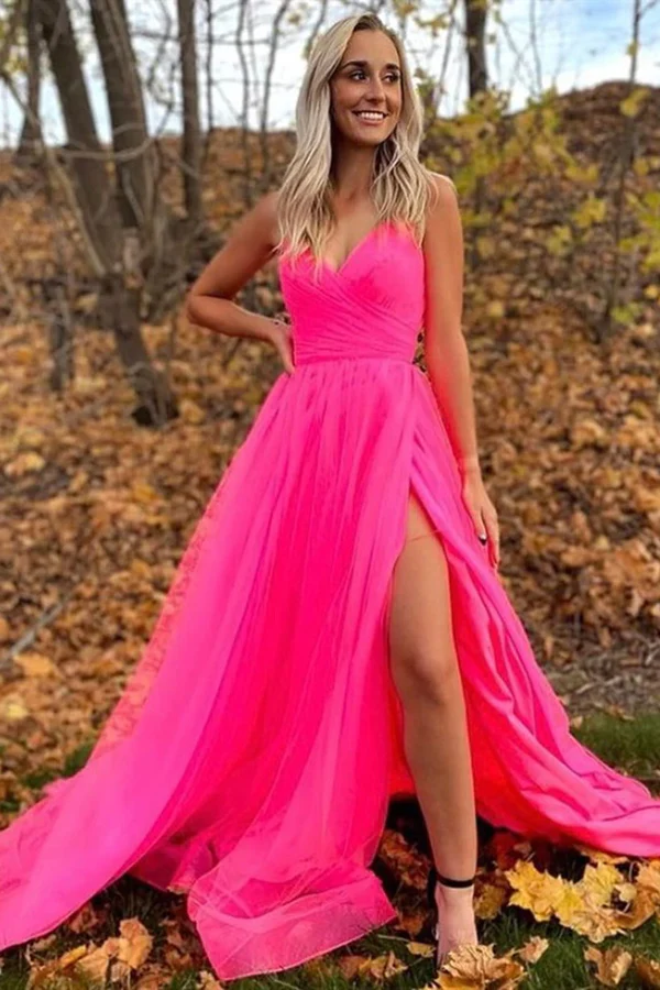 A Line V Neck Hot Pink Prom Dresses With Slit, Long Formal Evening Dresses nv276