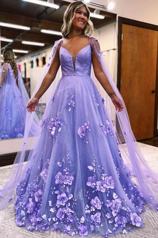 Robe de soirée en tulle à fleurs 3D de princesse lavande avec cape nv263