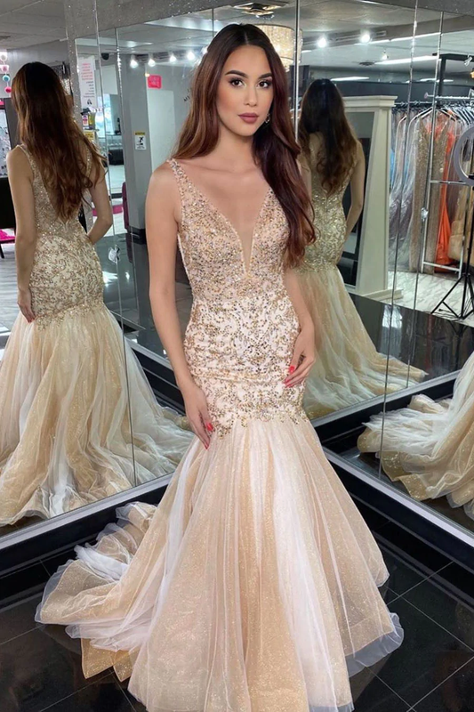 Gorgeous V Neck Mermaid Beaded Champagne Long Prom Dress nv363