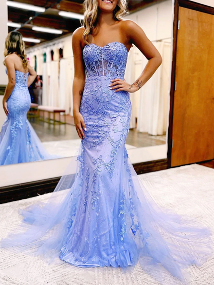 Mermaid Long Lace Blue Prom Dresses, Blue Lace Formal Evening Dresses nv464