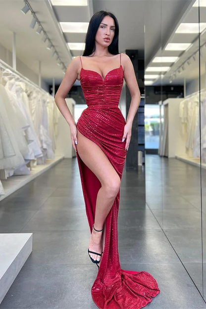 Gorgeous Burgundy Spaghetti-straps High Split Long Mermaid Prom Dress nv183