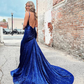Sparkly Mermaid V Neck Spaghetti Straps Royal Blue Sequins Long Prom Dresses nv962