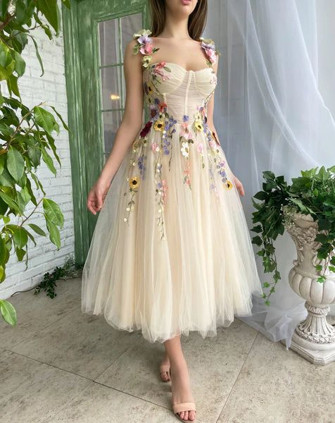 Champagne Tulle Tea Length Formal Dress with Flowers, Champagne Prom Dress nv525