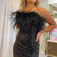 Black Strapless Feathers Long Prom Dress with Slit,Black Winter Formal Dresses nv957