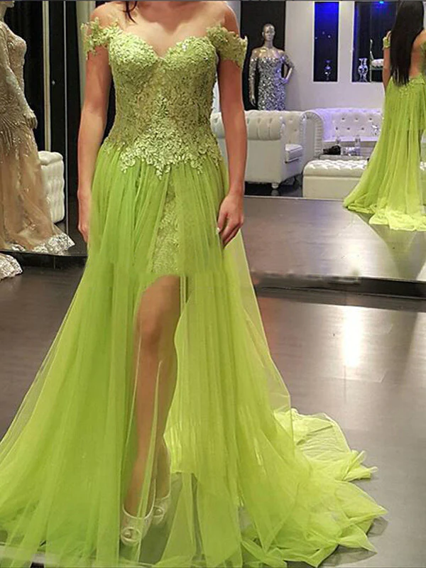mint prom dresses Sheath Column Off-the-shoulder Asymmetrical Tulle Prom Dress Evening Dress  nv487