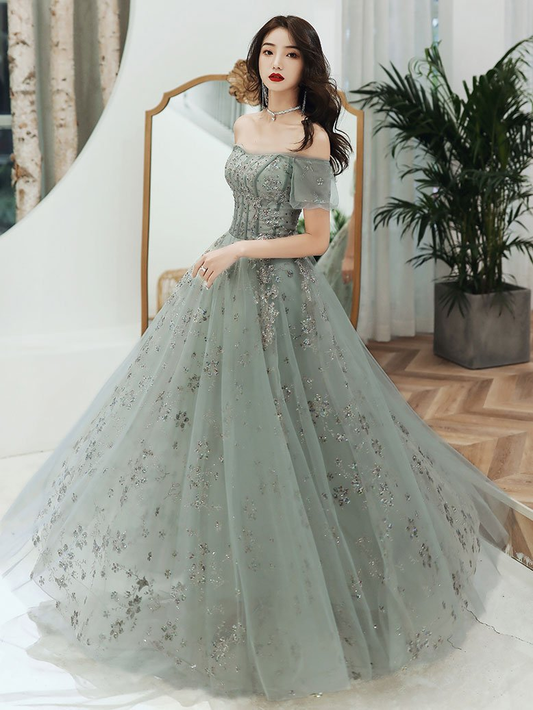 Green Off Shoulder Lace Sweetheart Party Dress, A-line Long Formal Gown nv450