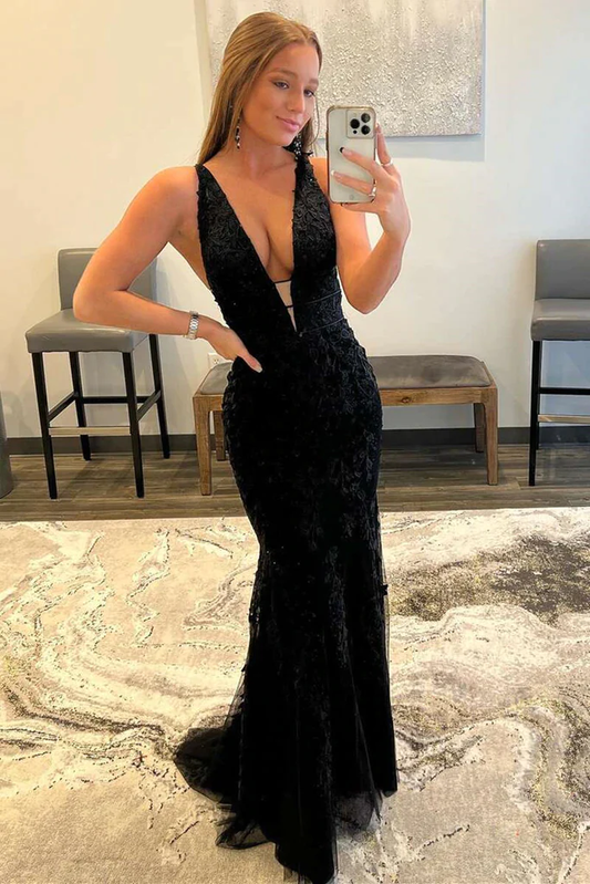 Robe de bal longue en dentelle noire à col en V, robe de soirée noire sirène nv402